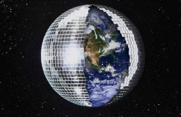 Earth, as seen from space, merged with a disco ball